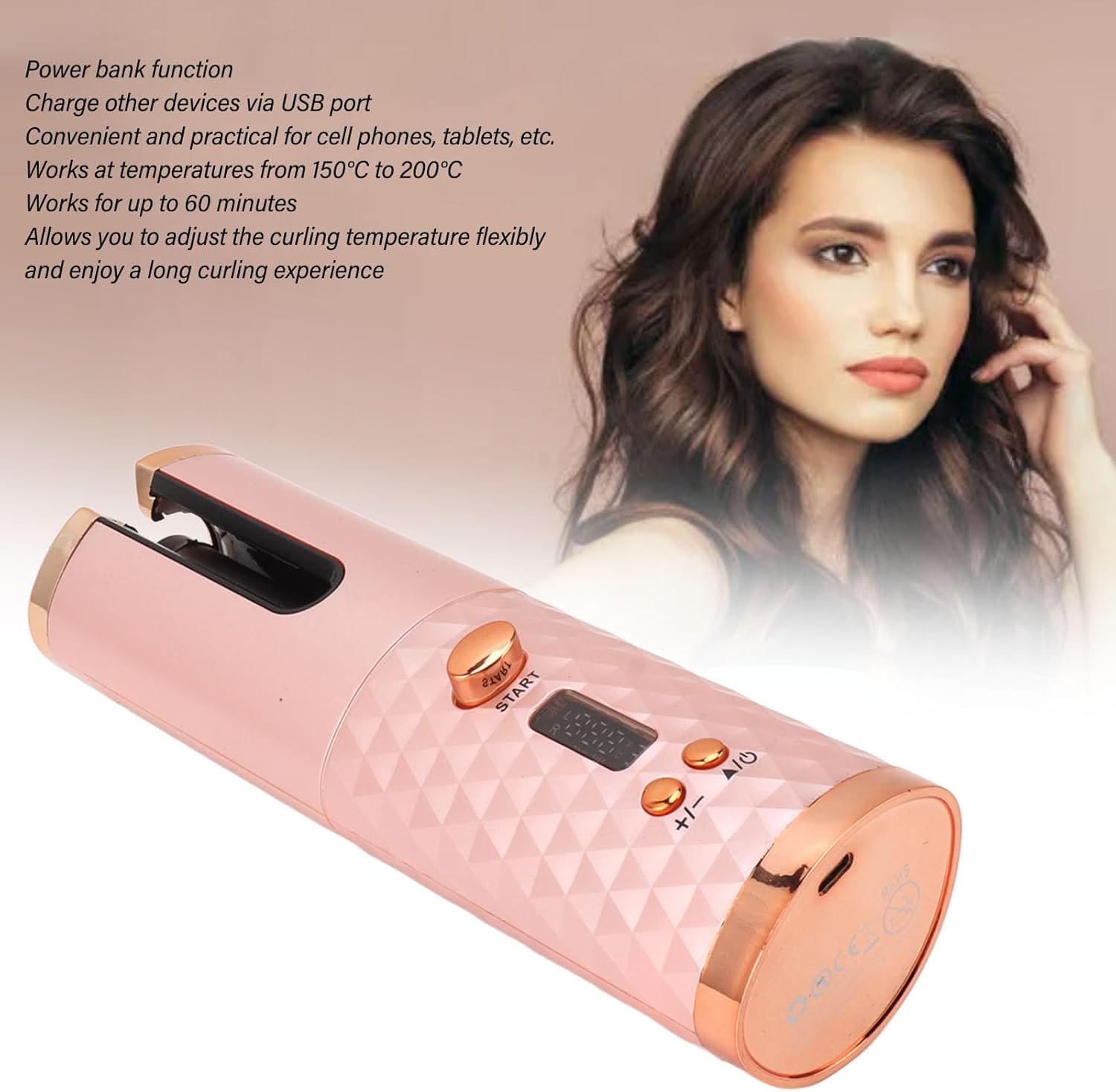Pink cordless curling iron creating charming waves