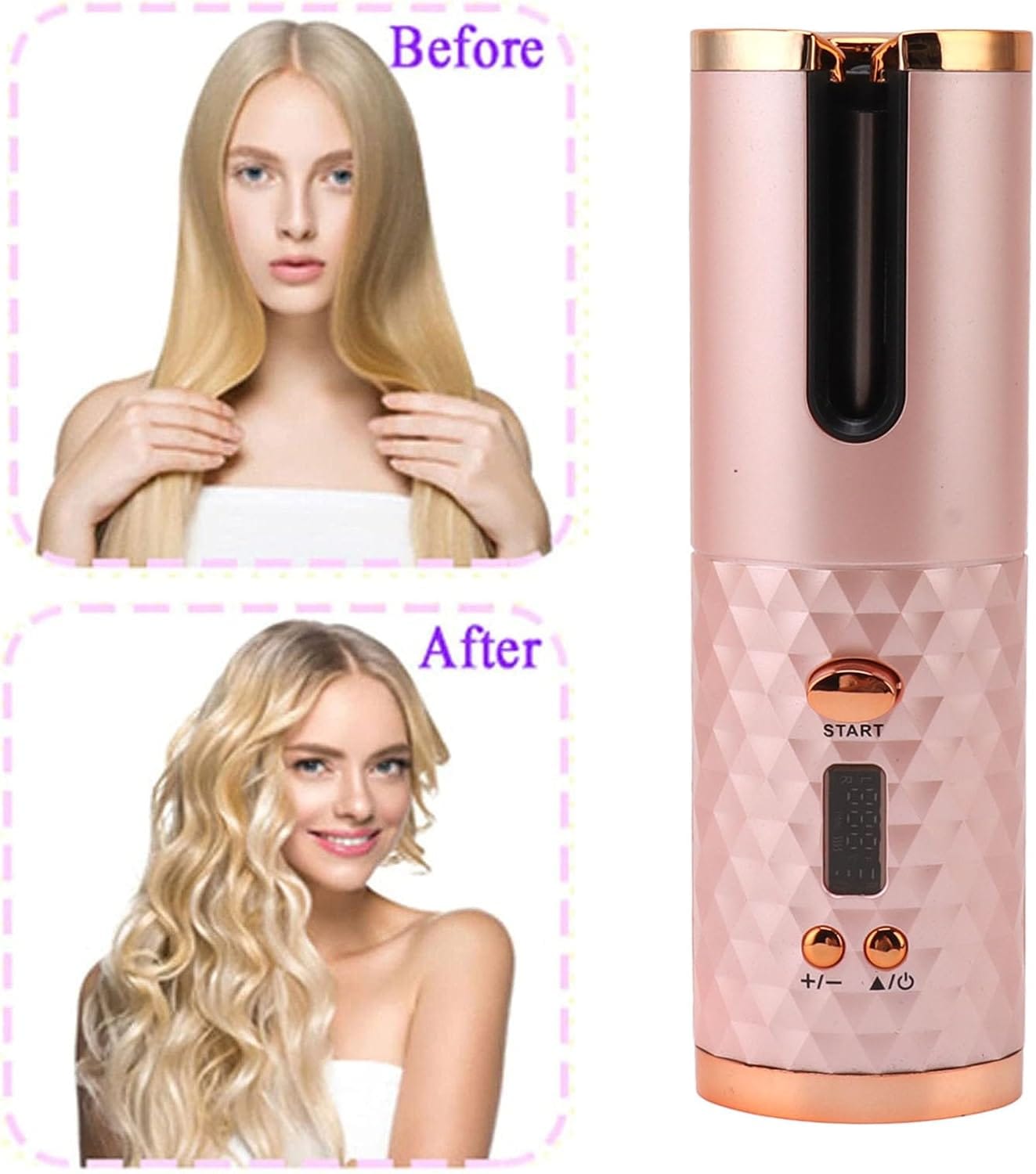 Woman using a pink cordless curling iron