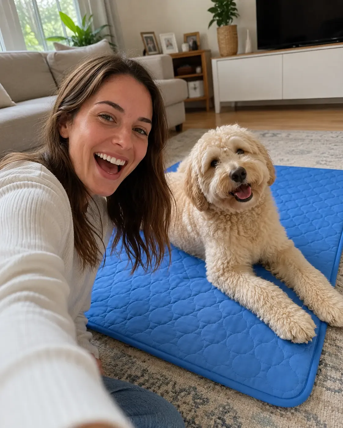 Happy dog relaxing on the cooling mat indoors