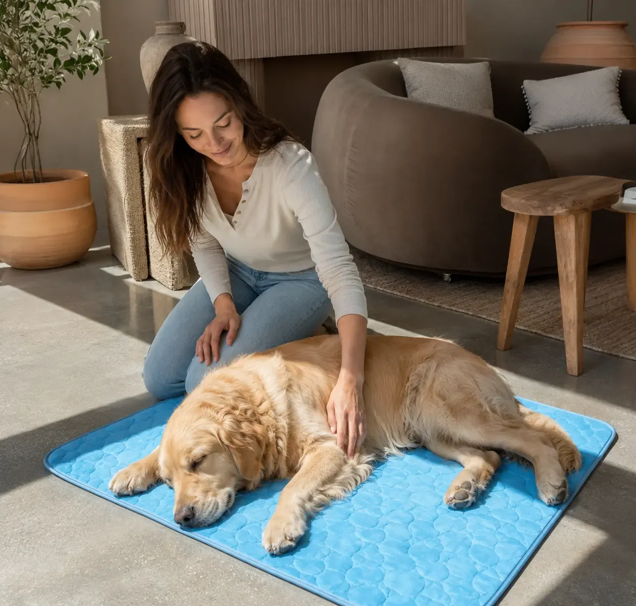 A cat lounging on a cooling mat on a sunny day.