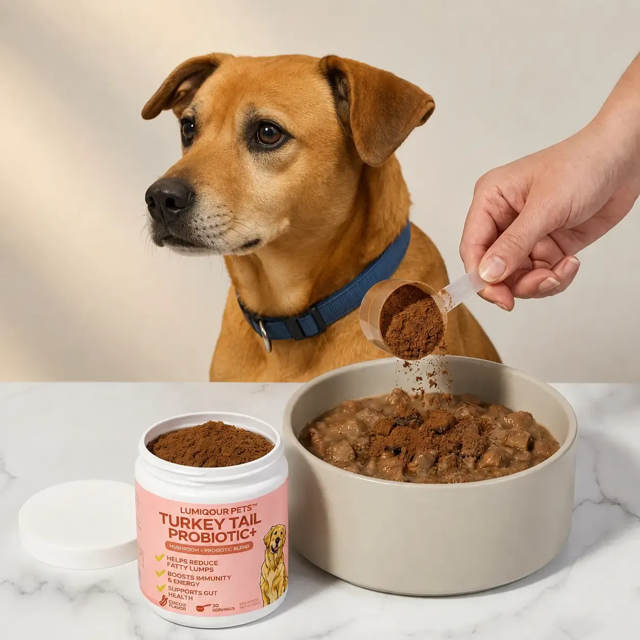 Hand adding a scoop of supplement powder to a dog's food bowl.