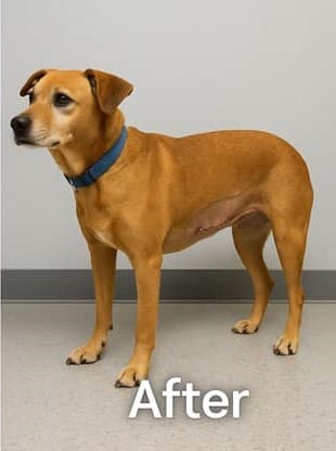 Split image showing a dog with a smaller lump before and after treatment.