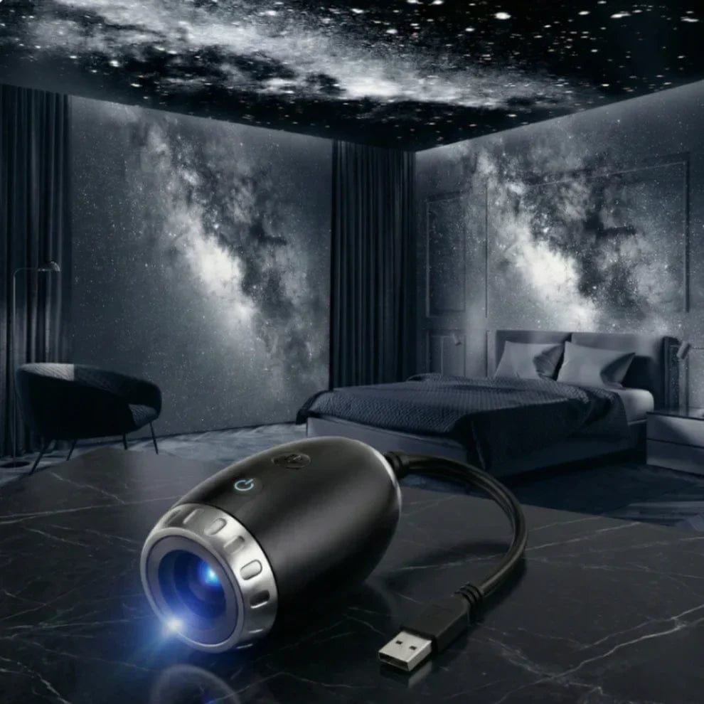 Satilix StarDrift projector creating a starry night sky effect on a ceiling
