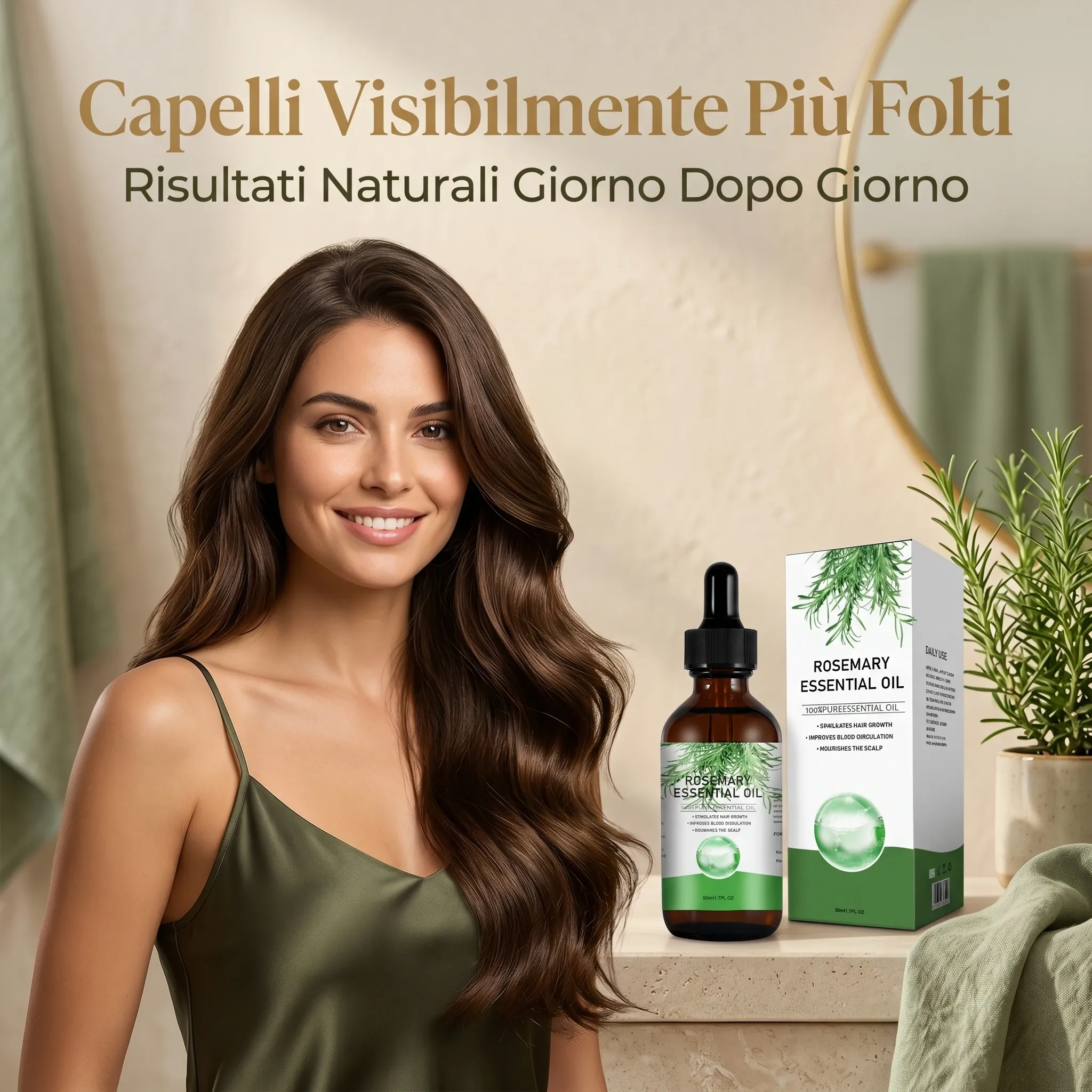 Donna sorridente con capelli lunghi e lucenti che usa olio per capelli