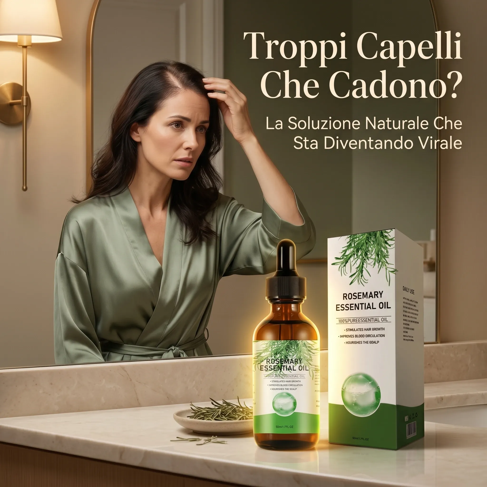 Donna che applica l'olio per capelli al rosmarino sul cuoio capelluto