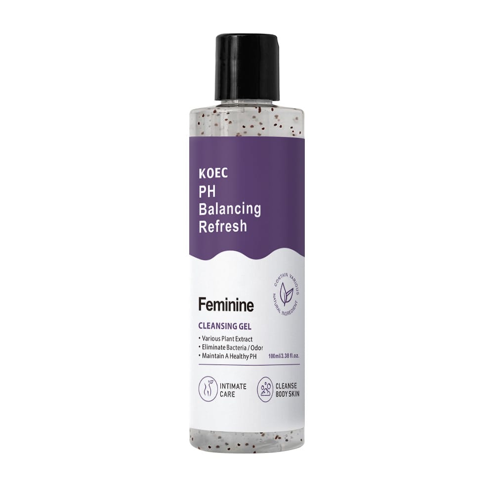 A bottle of the shower gel placed on a clean, minimalist surface with a subtle fresh scent graphic.