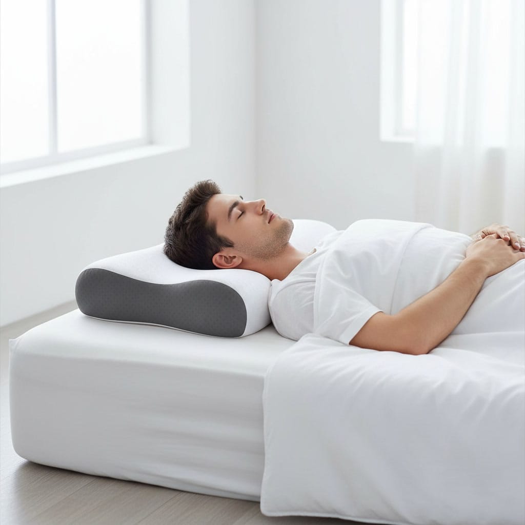 Persona usando almohada ergonómica cervical para dormir profundamente
