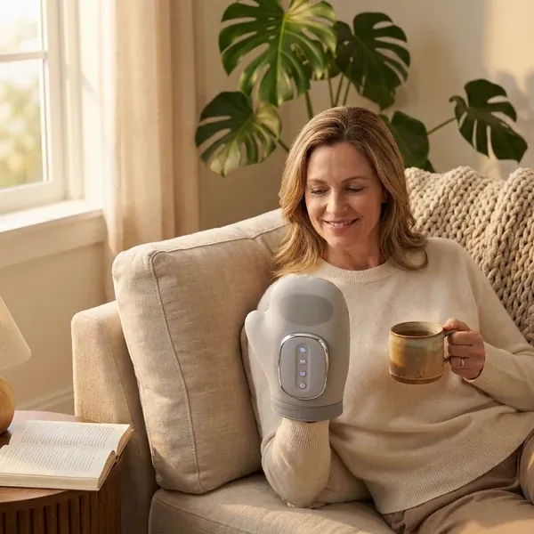 Person using a cordless hand massager for pain relief