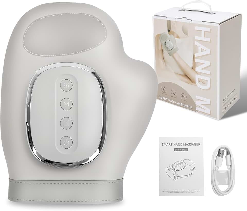 A person experiencing soothing relief from hand and wrist pain using our advanced rhythmic compression massager device.