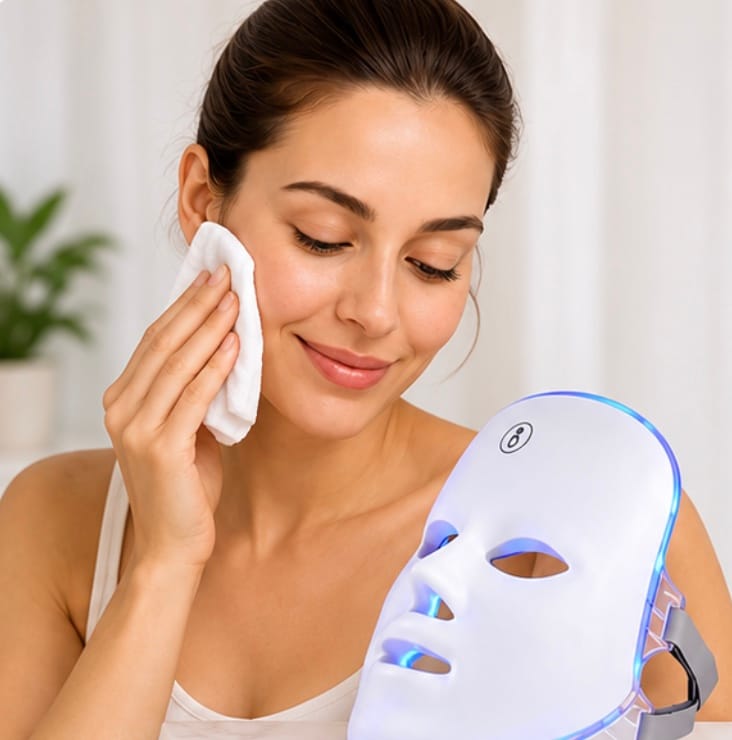 Person placing LED mask on clean face