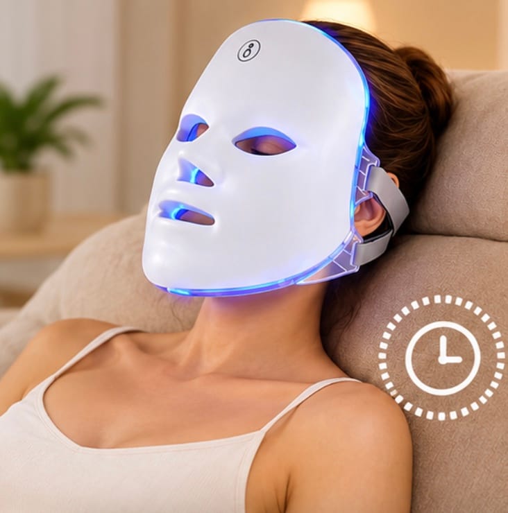 Person relaxing with LED mask on face