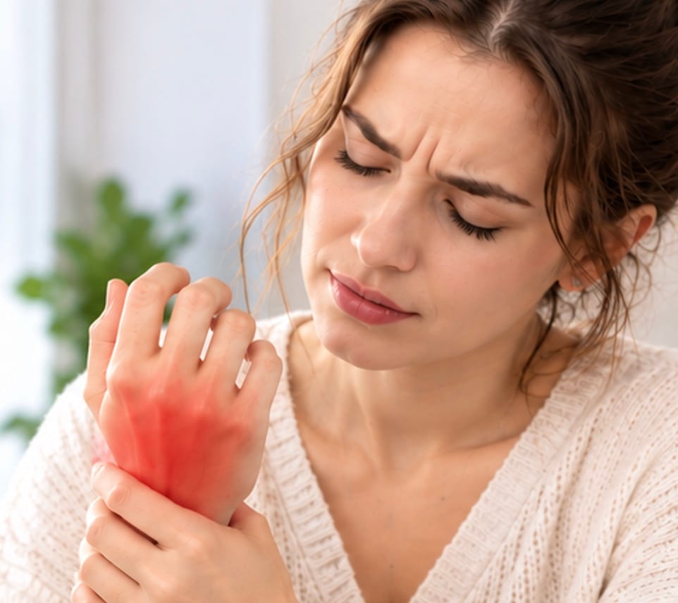 Hands showing signs of stiffness and inflammation before using the hand massager