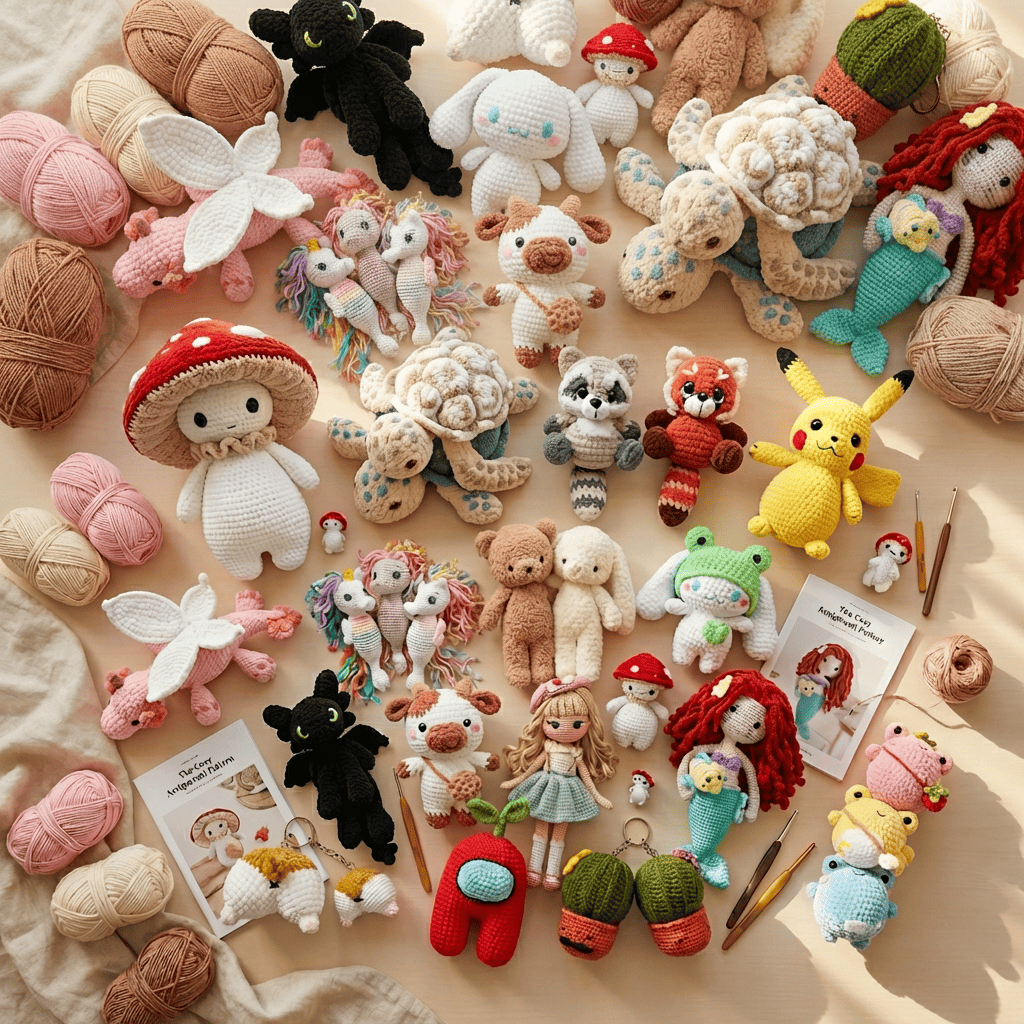 Cozy Amigurumi Pattern Library with various crochet projects displayed