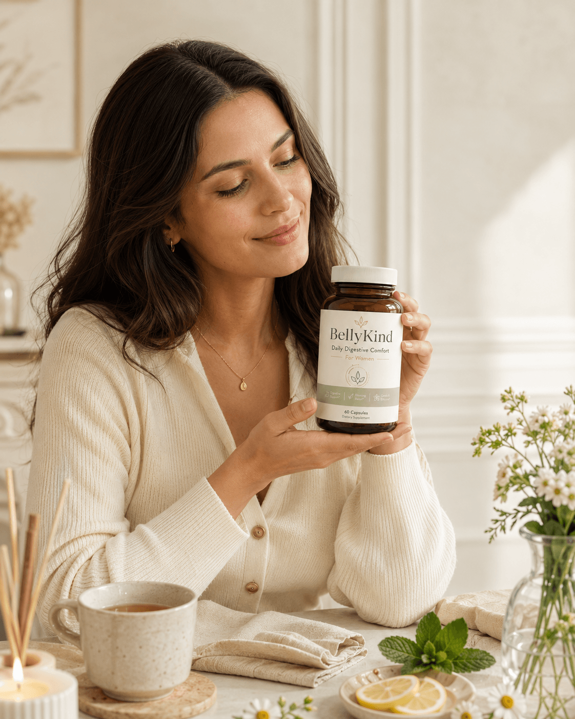 Woman smiling holding a bottle of BellyKind