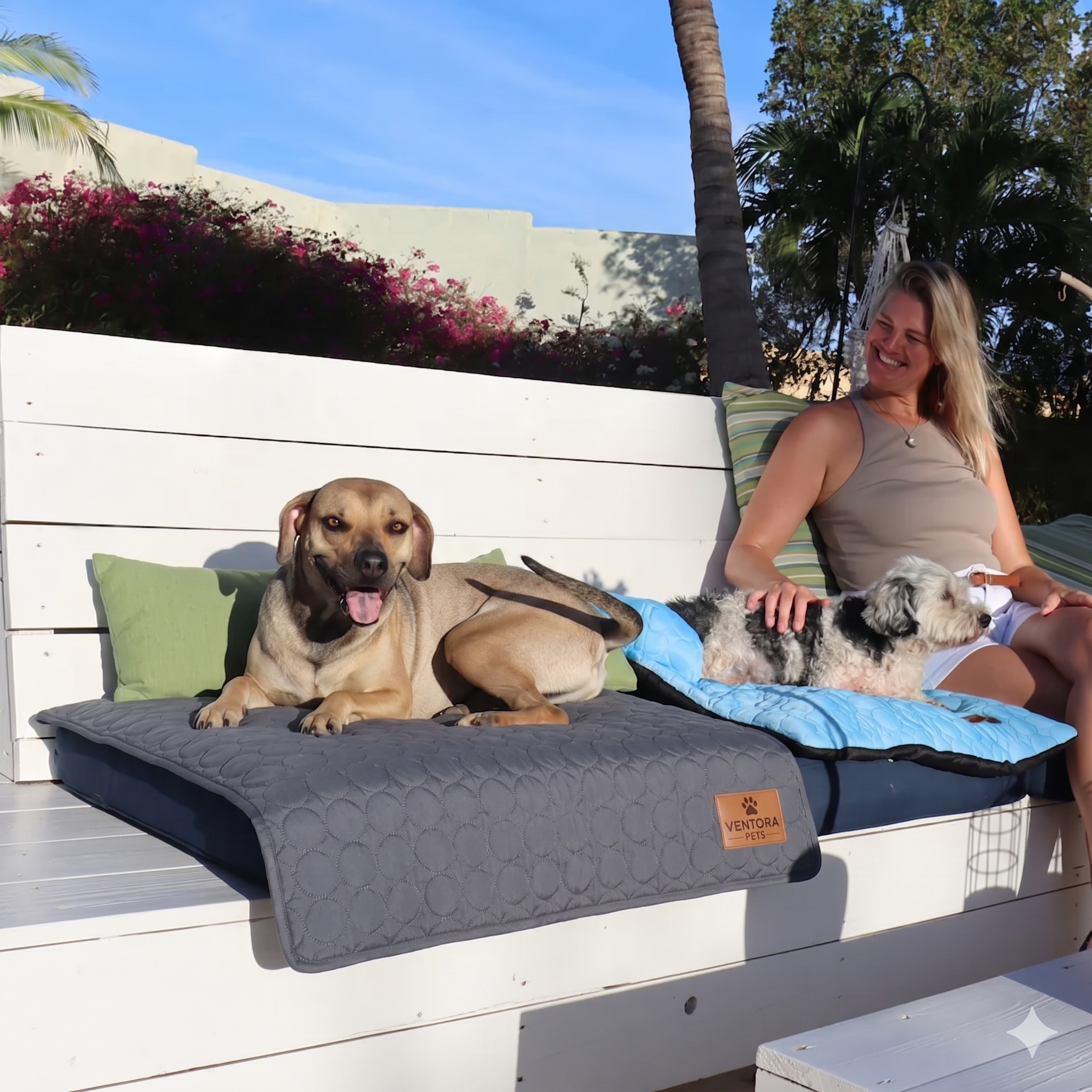 Pet dog resting on a comfortable cooling mat