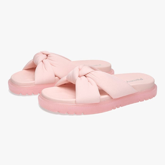 Close-up of the trendy platform sandals with bow detail.