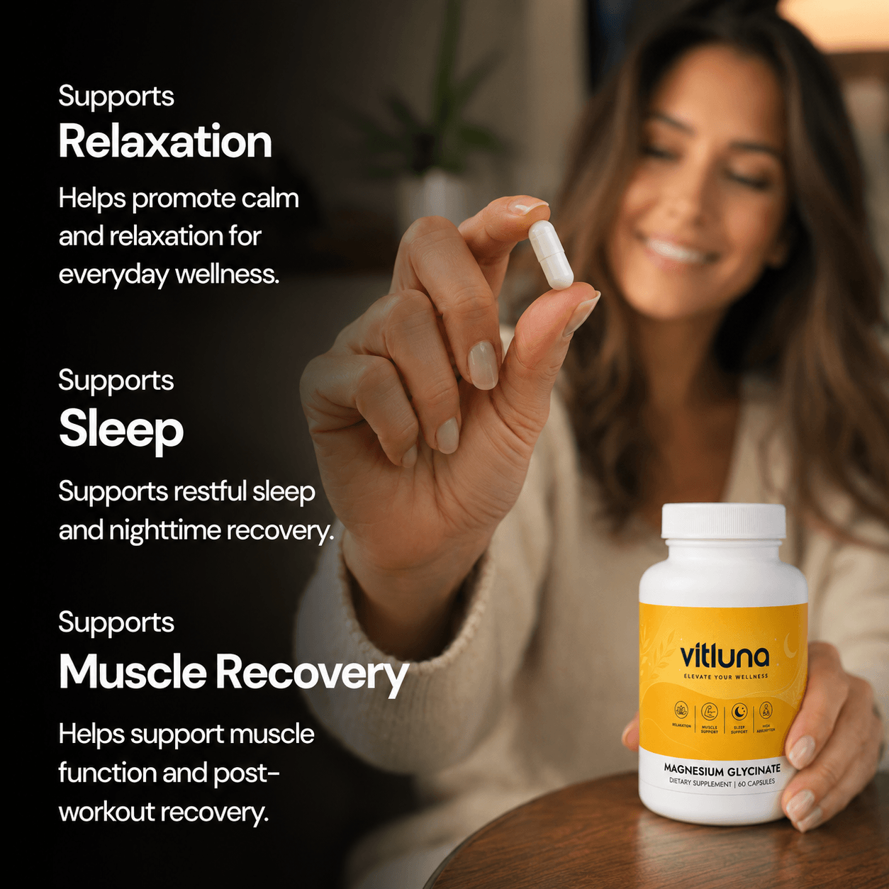 Vitluna Magnesium Glycinate supplement bottle for improved sleep and mental calmness