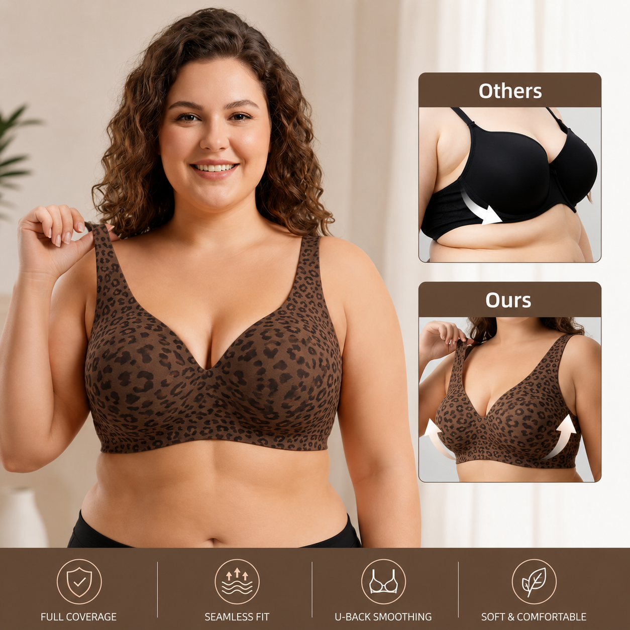 Woman wearing comfortable full support bra showing fit