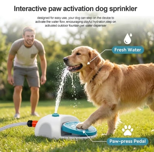 Hund spielt mit einem Wasserspender im Garten