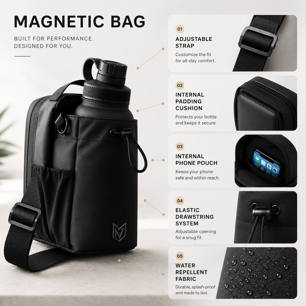 Magnetic water bottle bag attached to a backpack strap