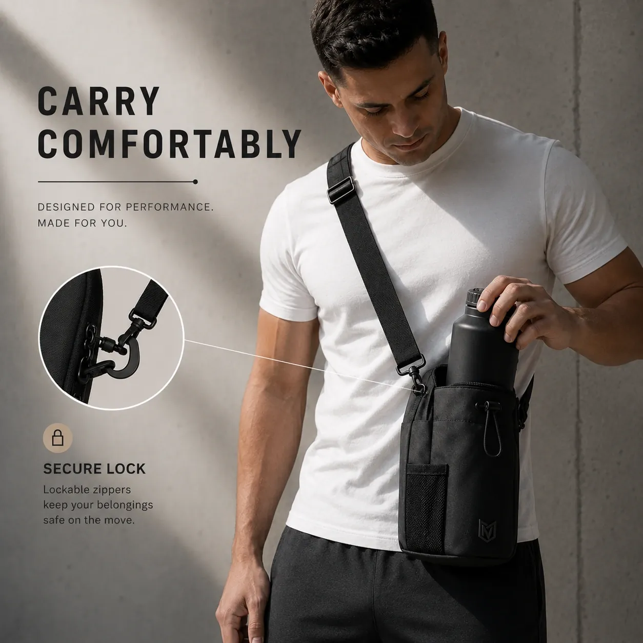 Magnetic fitness water bottle bag attached to a backpack
