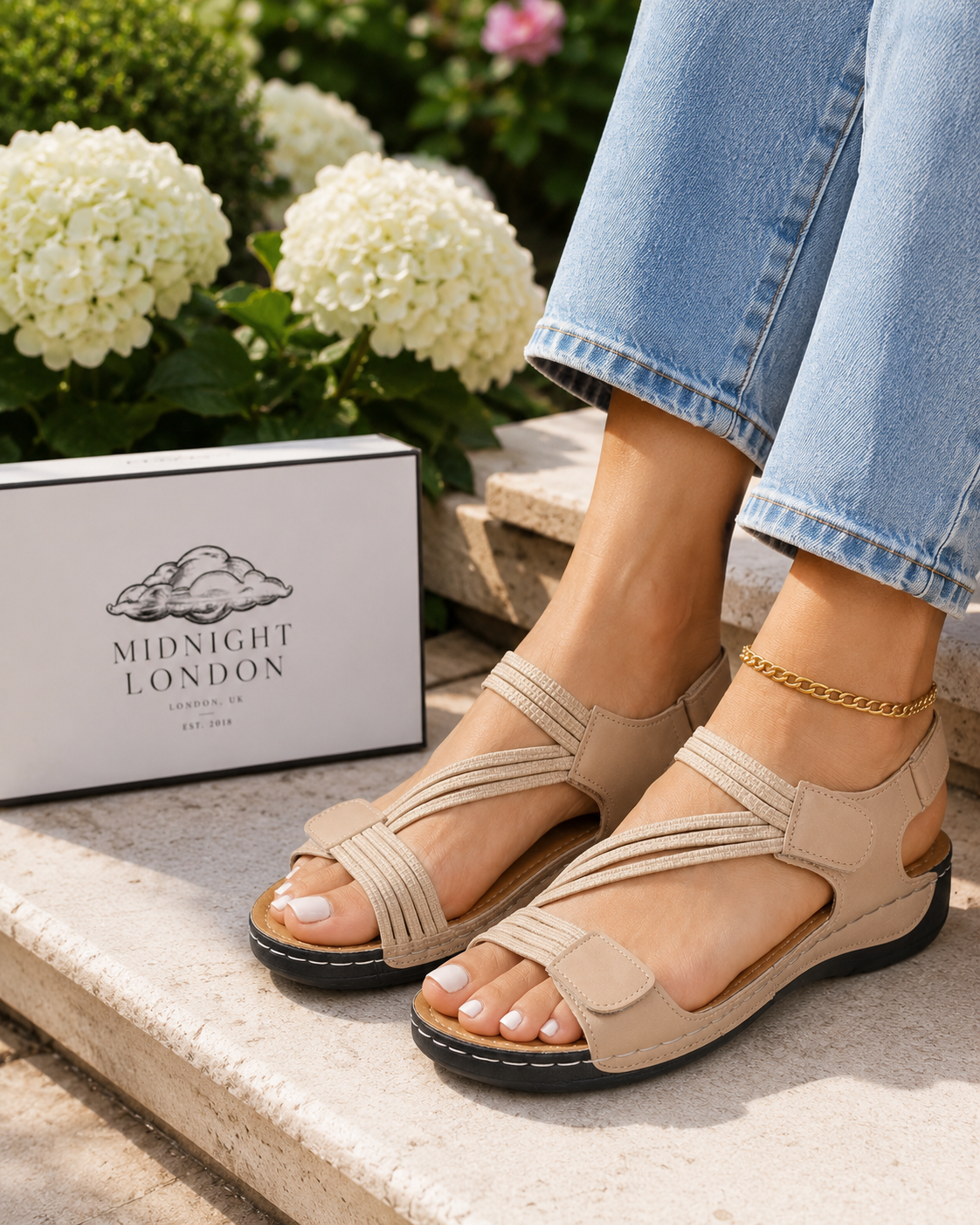Woman standing in a garden wearing elegant summer sandals
