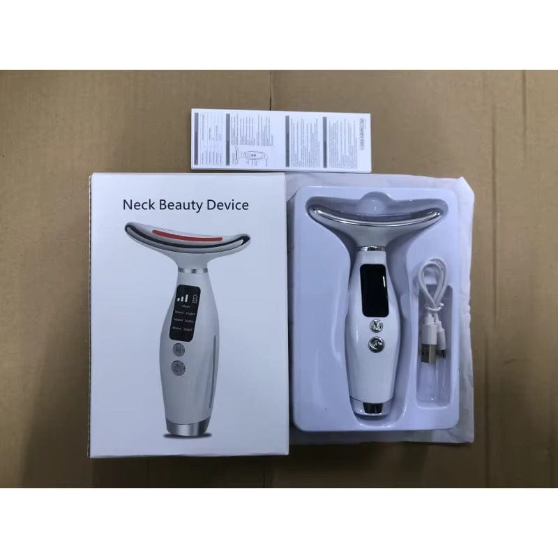 Professional neck and facial skin tightening device used by a woman in a spa setting