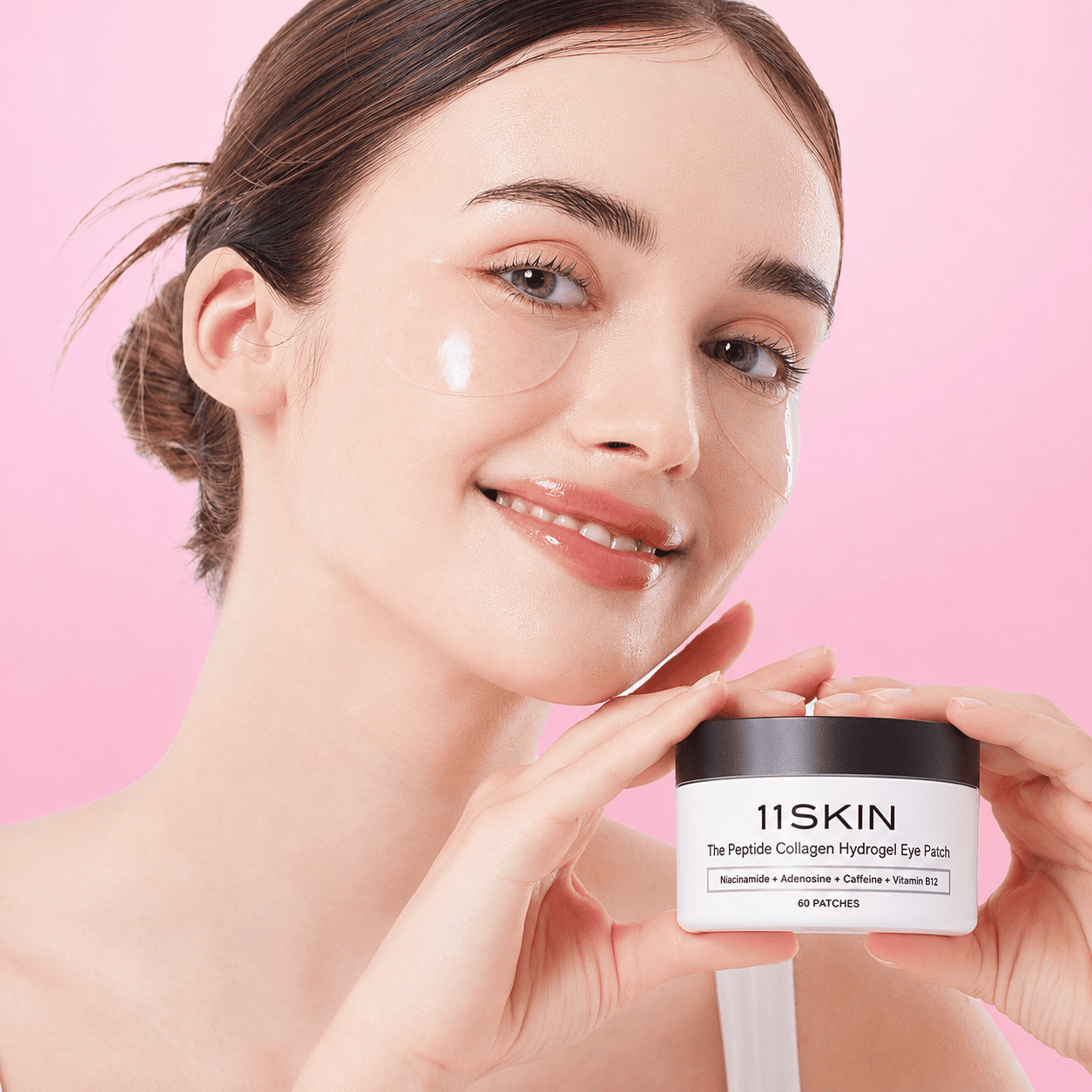 Premium collagen eye patches applied to tired under-eye skin