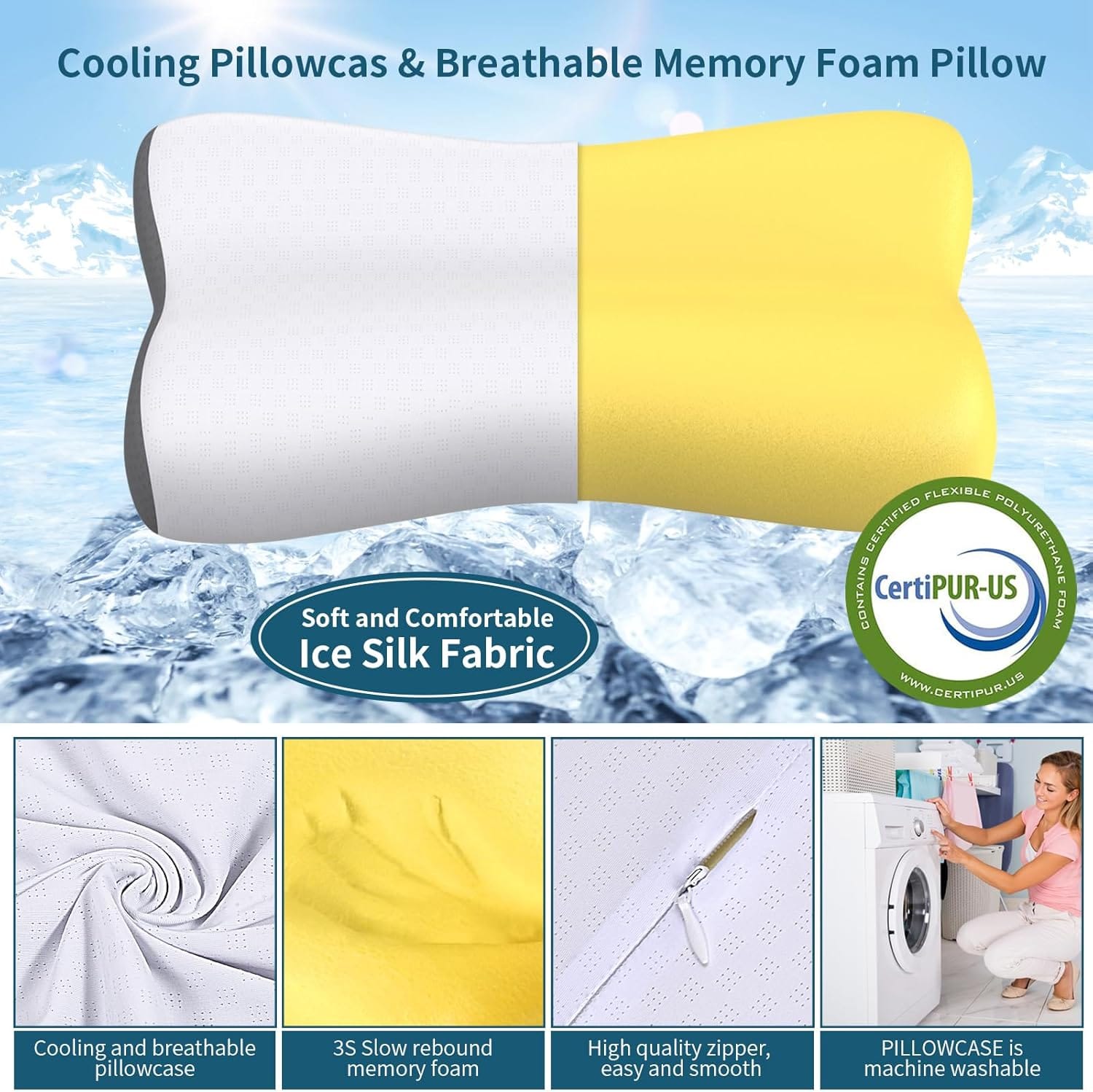 Almohada cervical de espuma viscoelástica sobre una cama blanca cómoda y moderna para un descanso reparador