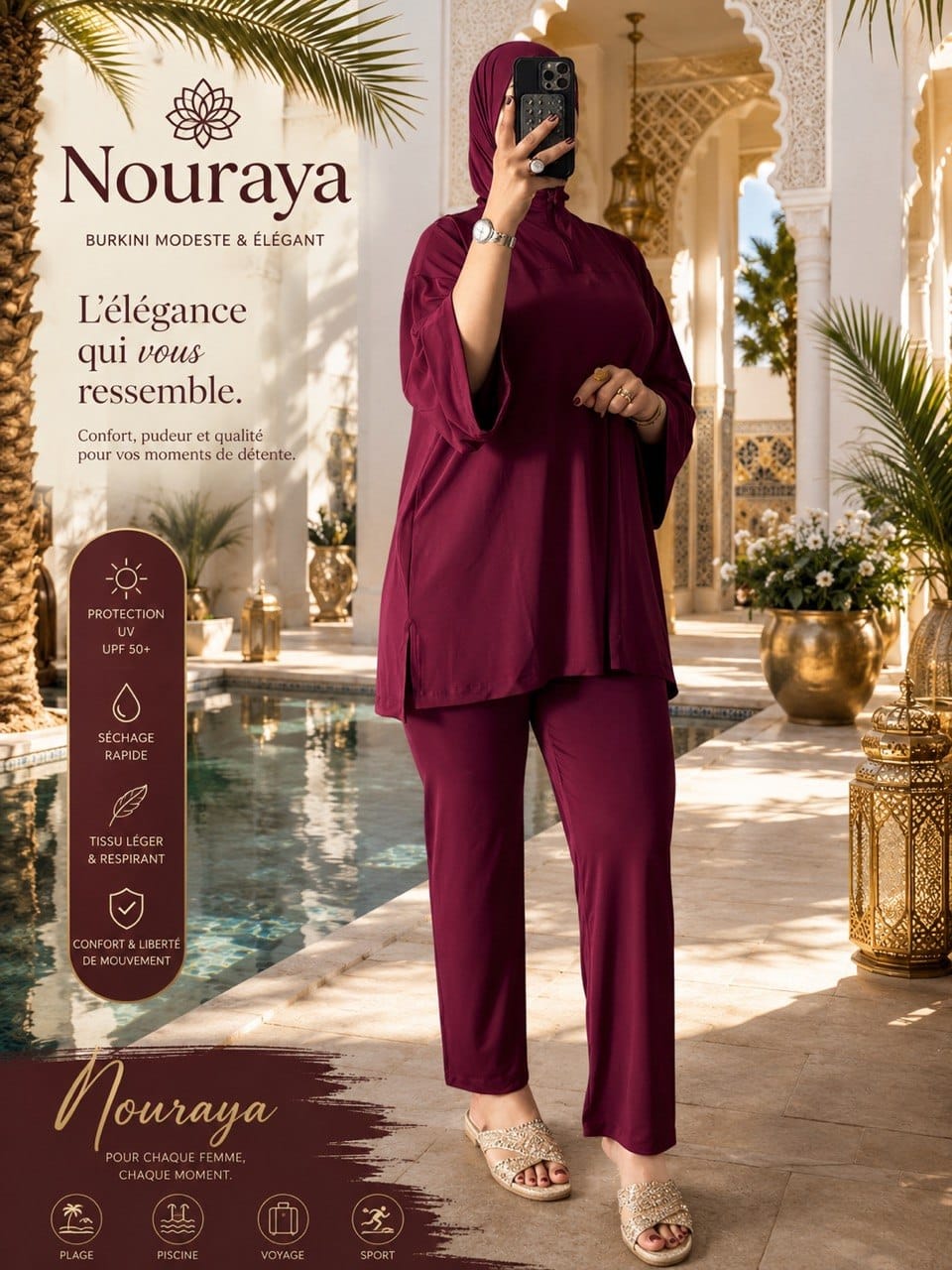 Femme souriante portant un burkini bleu sur la plage