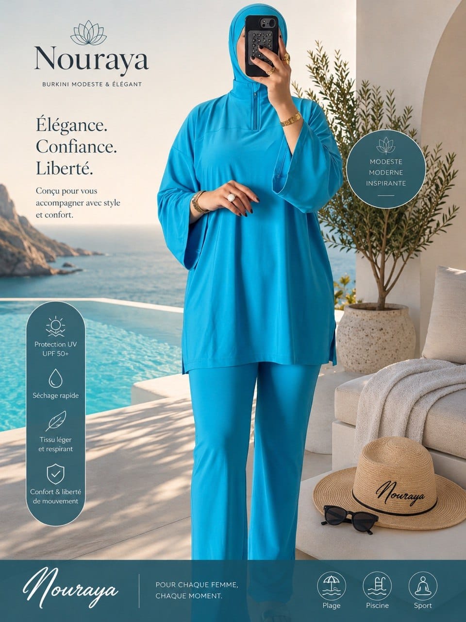 Femme portant un burkini élégant et confortable au bord de l'eau