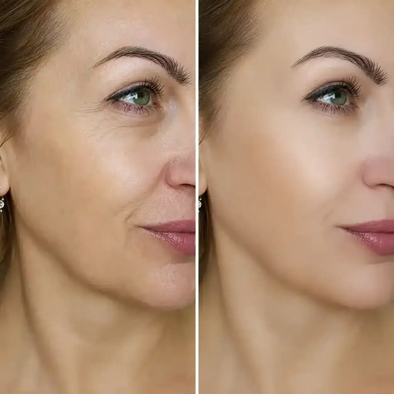 Before and after of TLM Color Changing Foundation evening out skin tone.