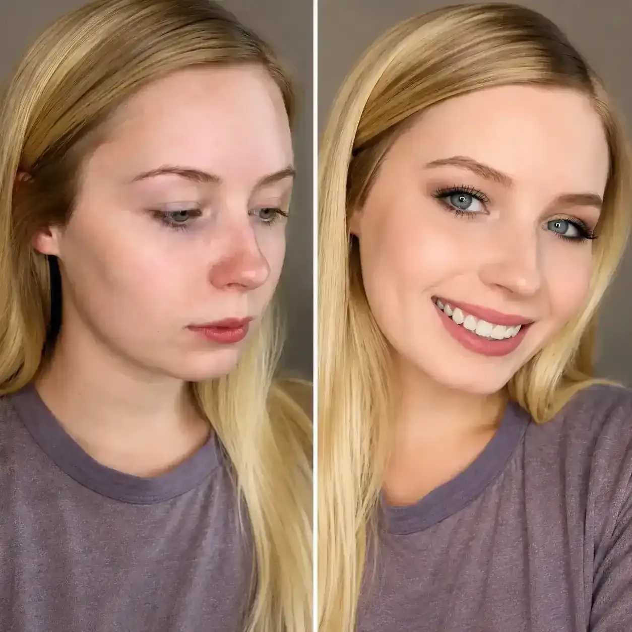 Split image: one side with uneven skin, the other side with even complexion using TLM foundation