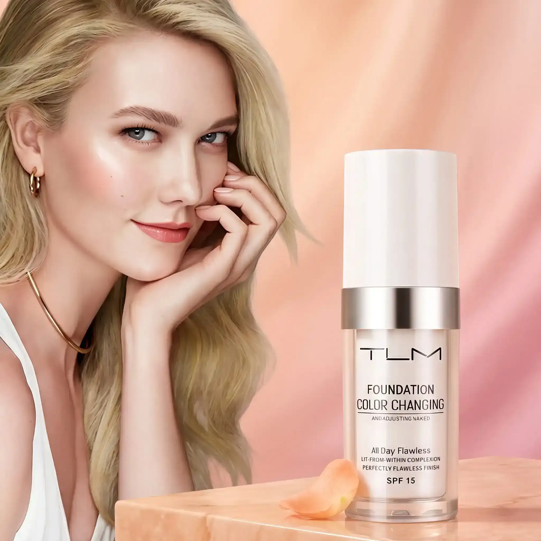 Close up of a woman applying smooth color-changing foundation