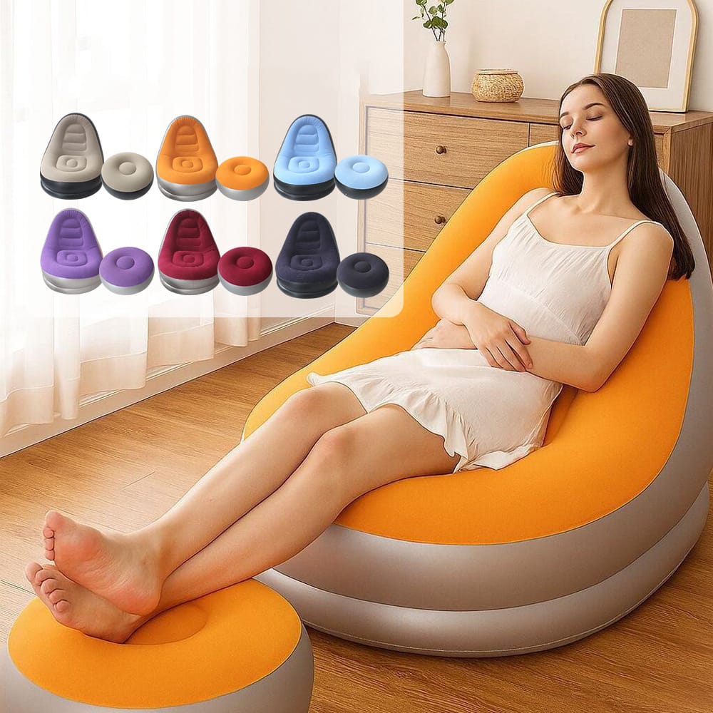 Inflatable sofa and footrest set in a cozy living room