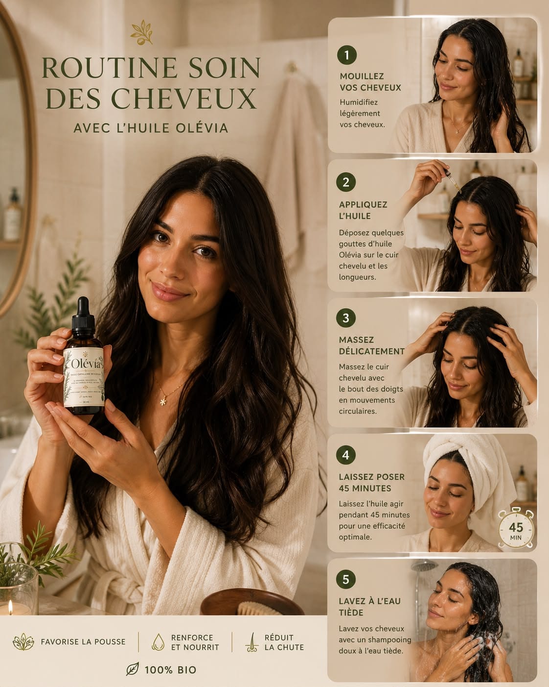 Application de l'huile capillaire Olévia sur le cuir chevelu
