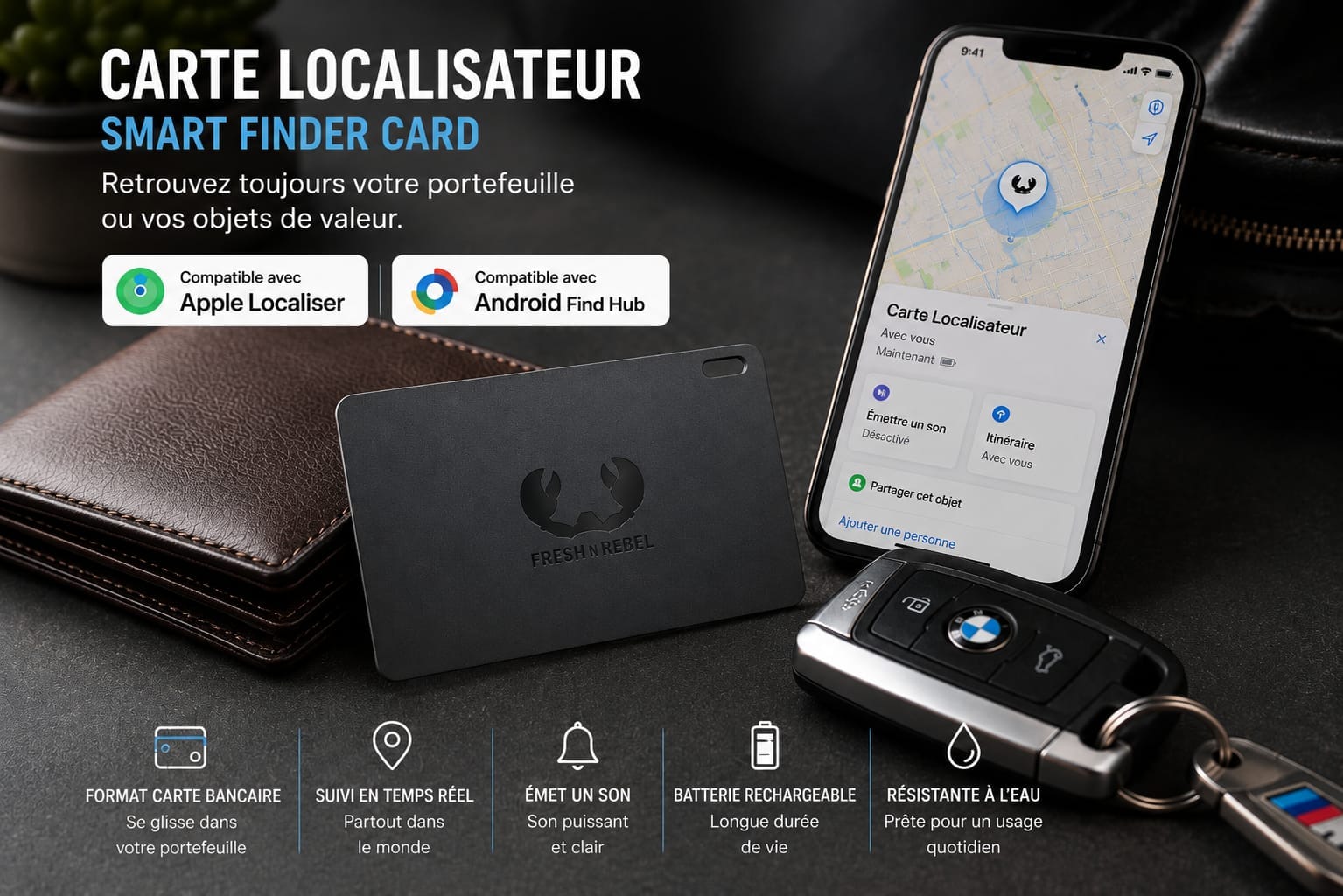 Carte Localisateur Smart Finder Card dans un portefeuille