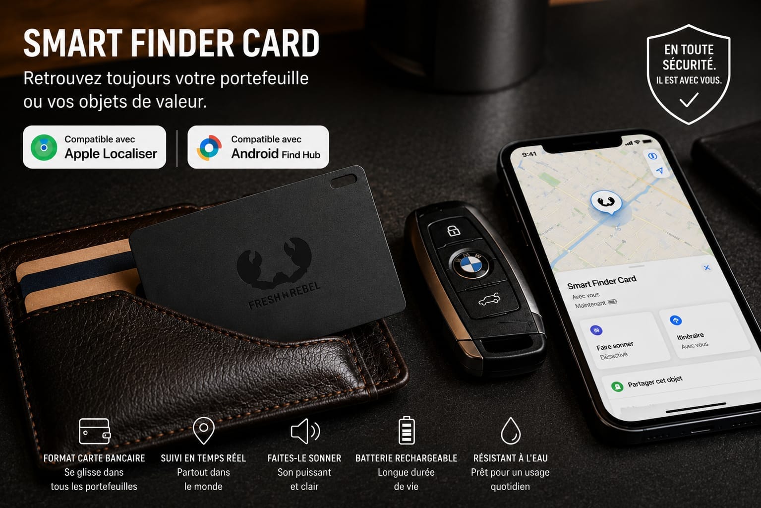 Personne utilisant son smartphone pour localiser son portefeuille
