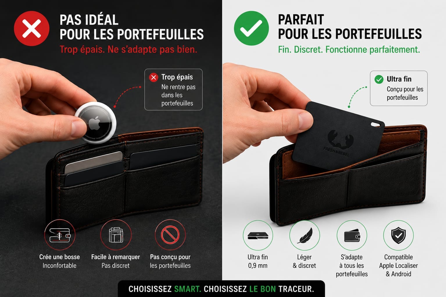 Carte localisateur fine glissée dans un portefeuille en cuir