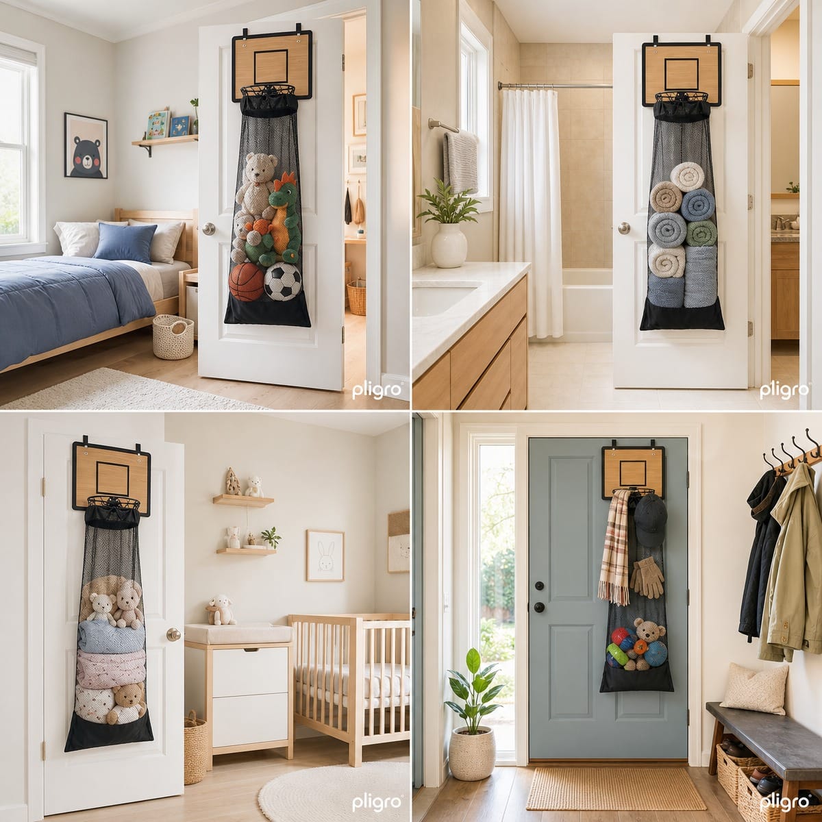 HoopNest basketball hoop laundry hamper hanging on a bedroom door