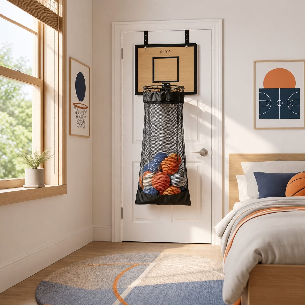 A child throwing laundry into the HoopNest basketball hamper mounted on a bedroom door