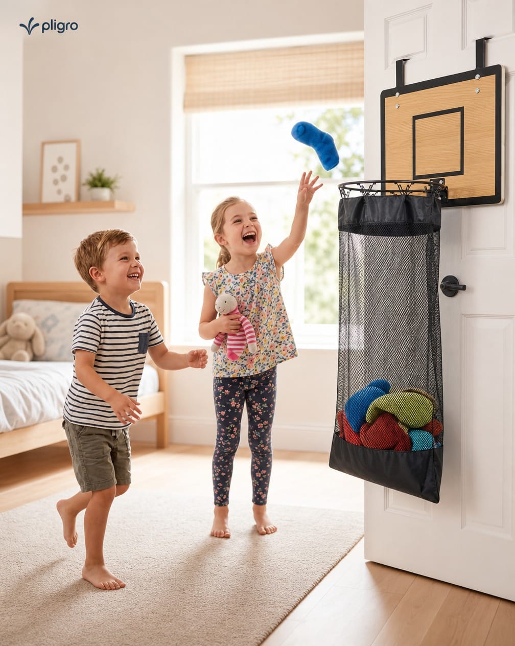 HoopNest basketball laundry hamper mounted on a door in a child's room