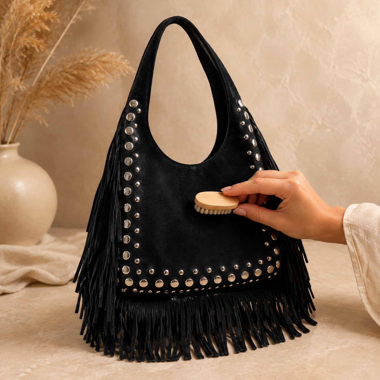 Close up detail of artisan suede texture and fringe