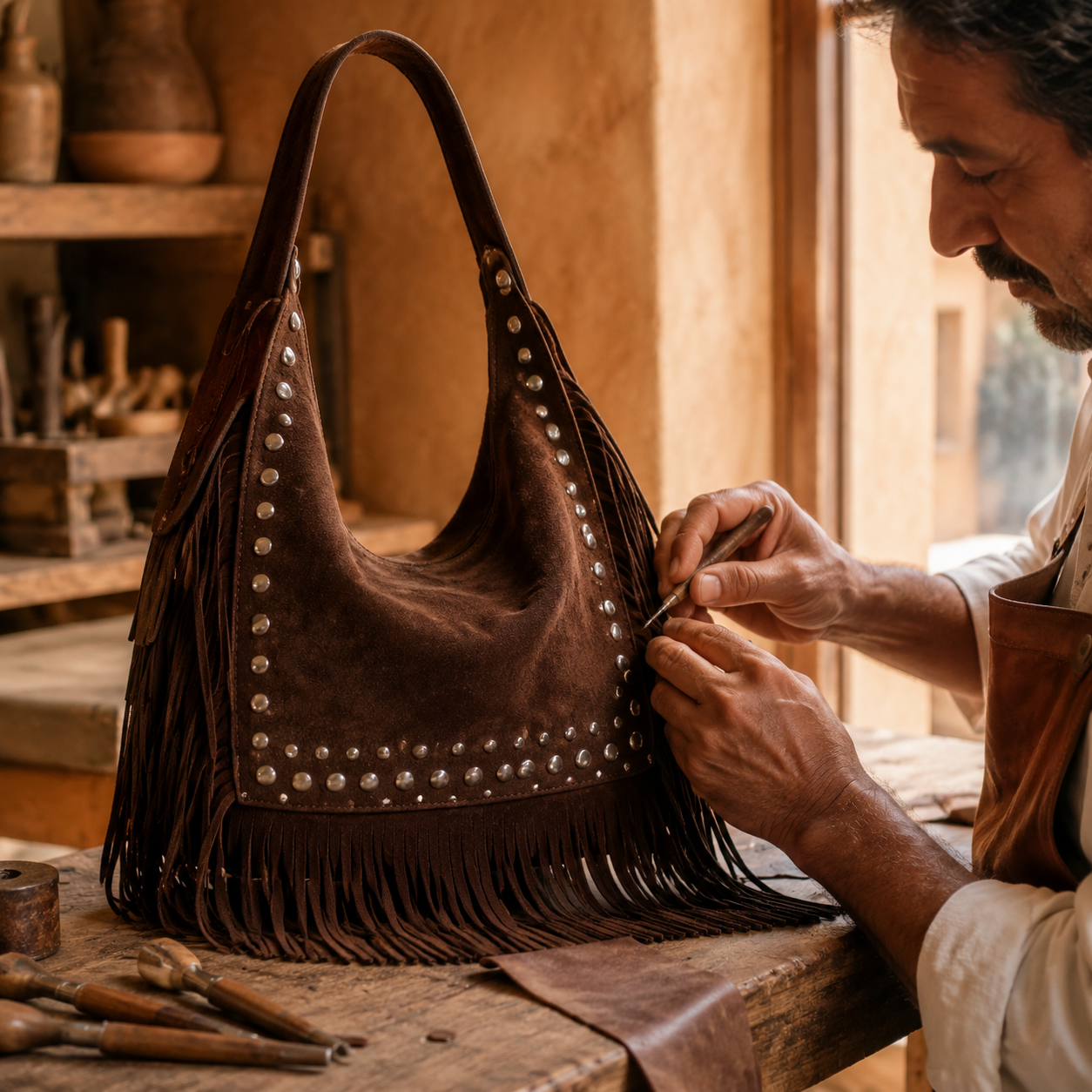 Marrava Marrakech suede fringe bag lifestyle shot