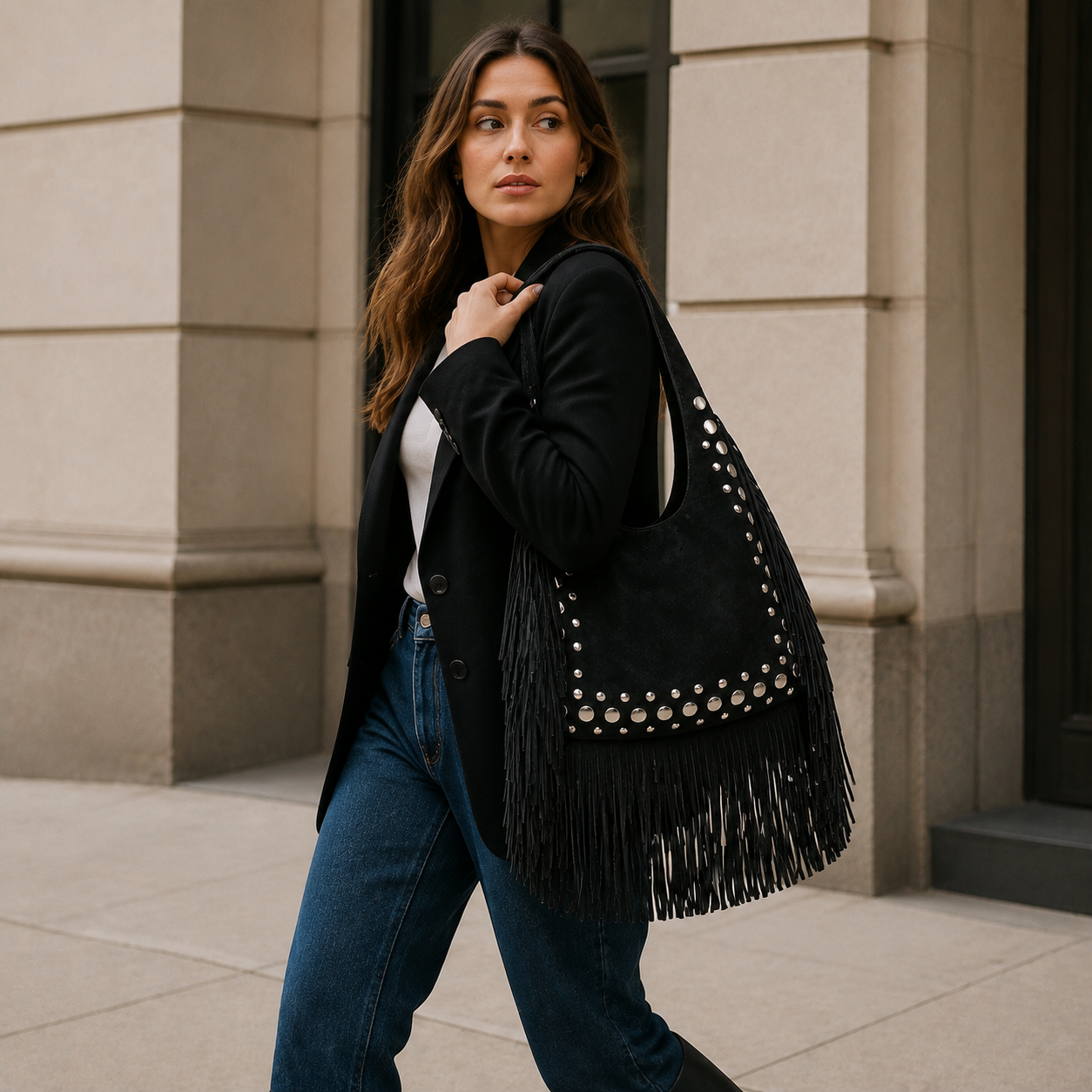 Black suede bag in city setting