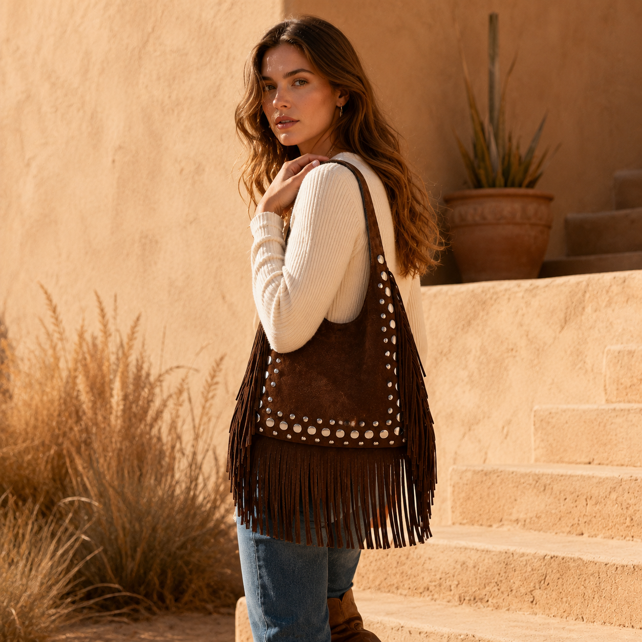 Woman walking with shoulder bag
