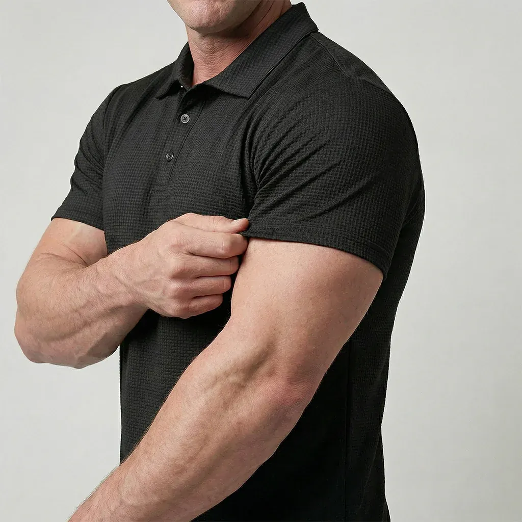 Close up shot showing the premium fabric texture and structured collar details