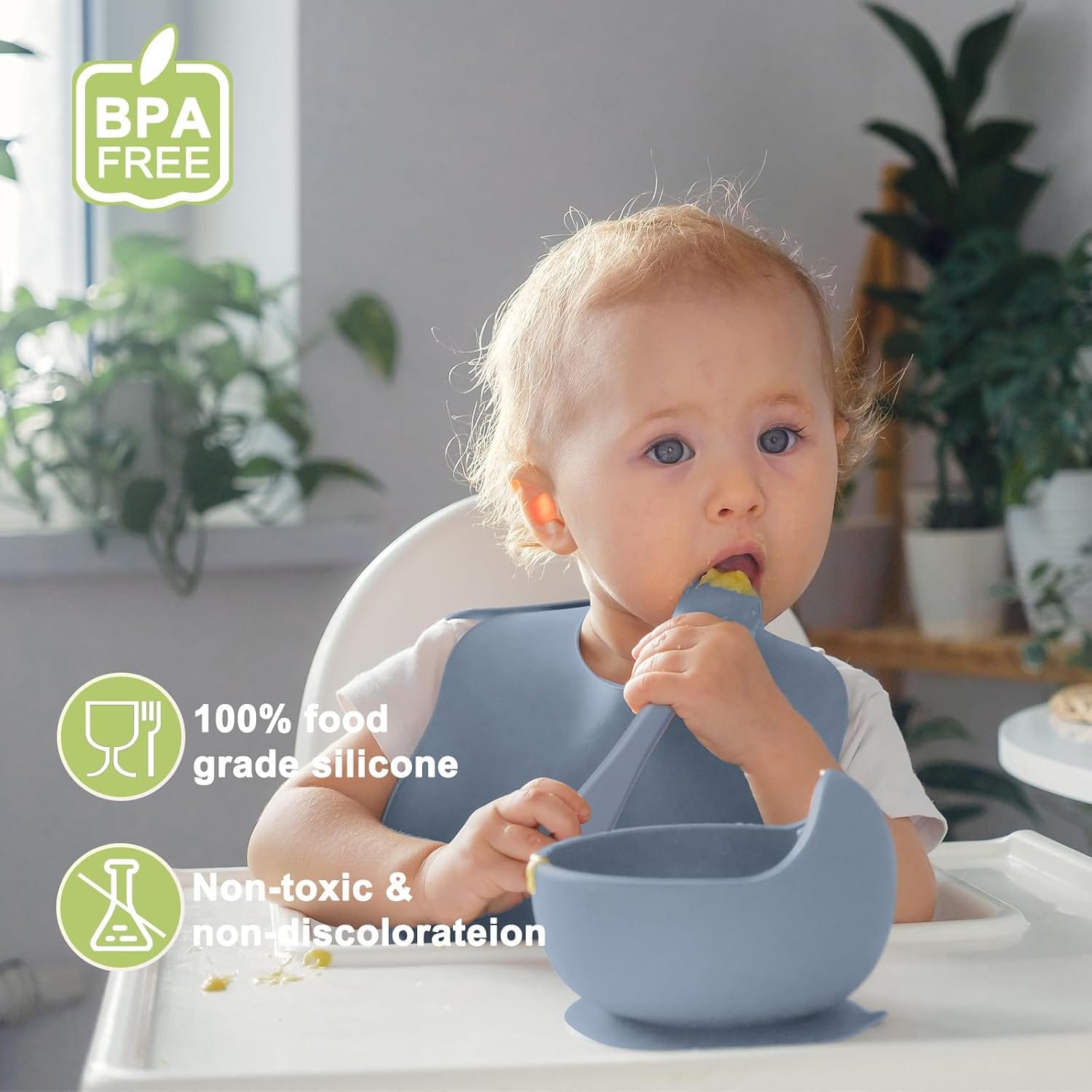 Silicone Baby Feeding Set | Baby Led Weaning Supplies Includes Suction Bowls and Divided Plates, Adjustable Bib, Baby Utensils S