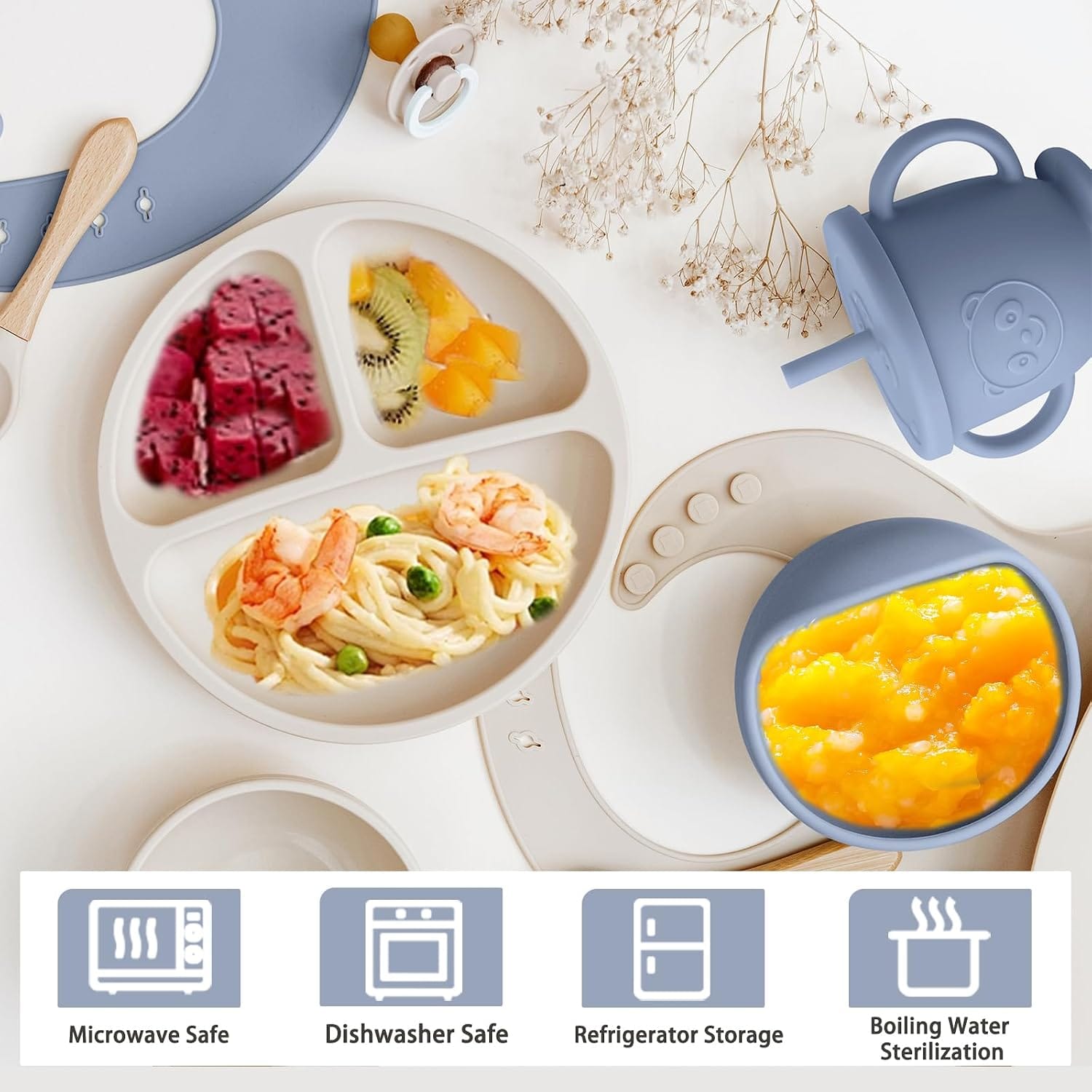 Silicone Baby Feeding Set | Baby Led Weaning Supplies Includes Suction Bowls and Divided Plates, Adjustable Bib, Baby Utensils S