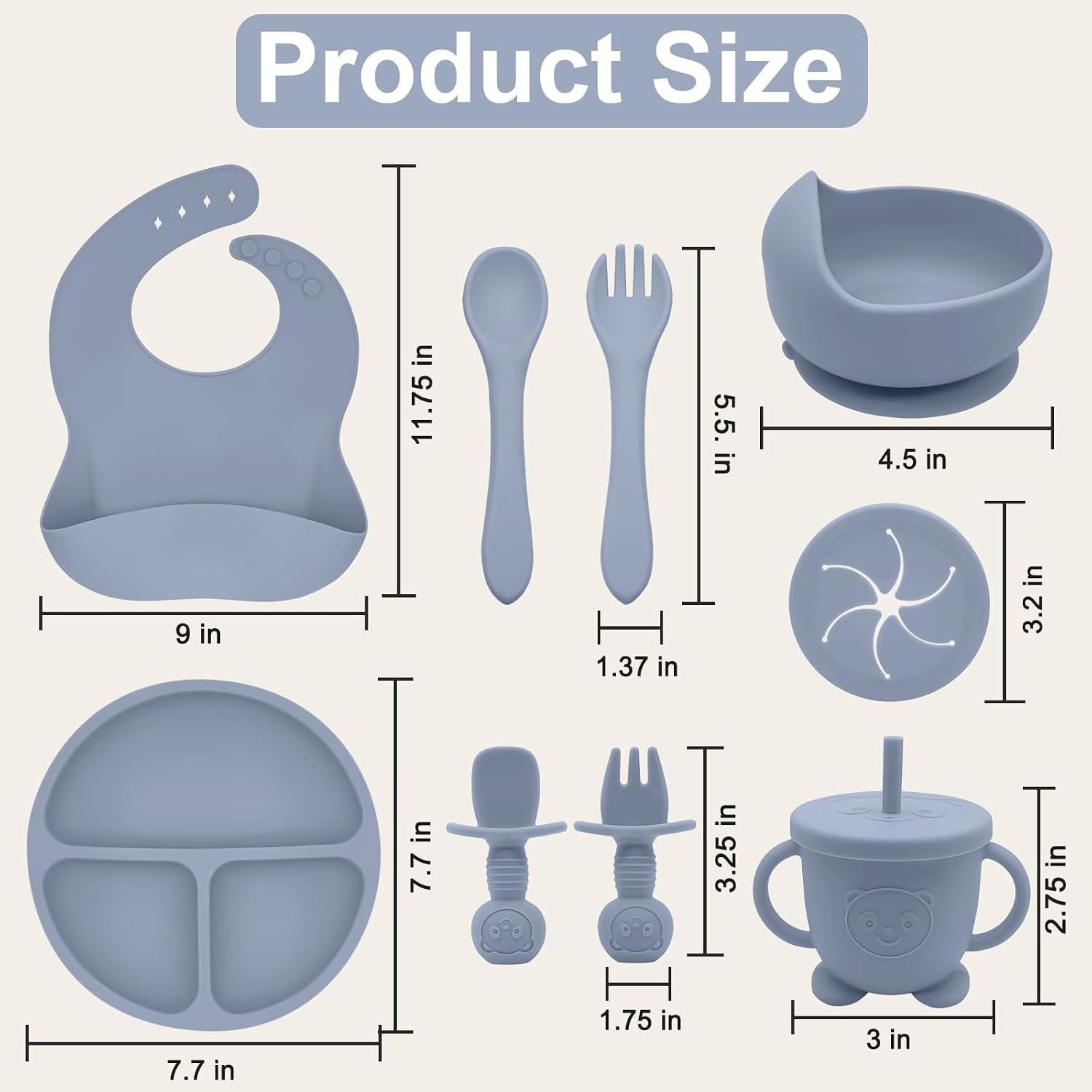 Silicone Baby Feeding Set | Baby Led Weaning Supplies Includes Suction Bowls and Divided Plates, Adjustable Bib, Baby Utensils S